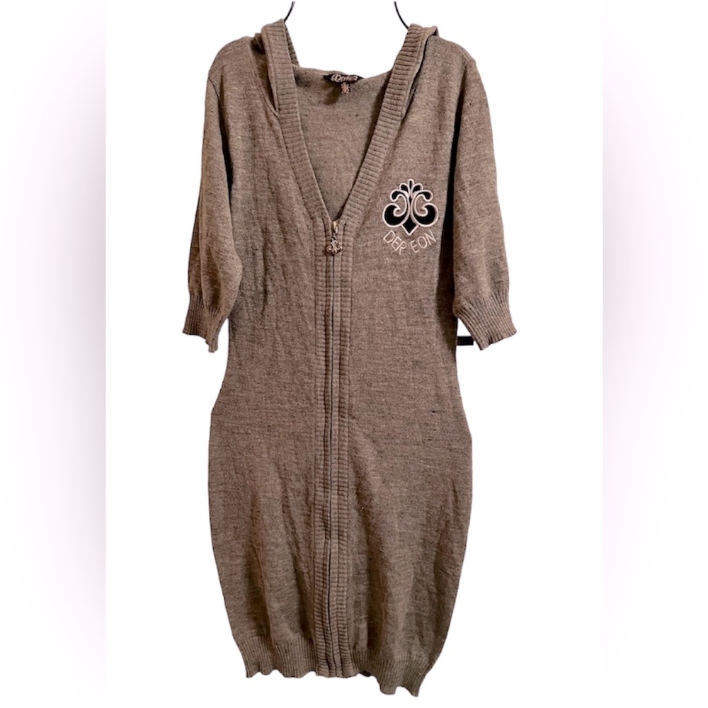 Vintage💥Y2K Dereon🩶Hooded Zip-Up Short Sleeve Sweater Dress, Gray, Sz M, NWT